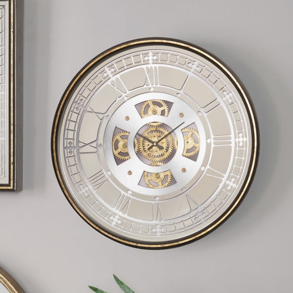 Antique Gold Wood and Mirror Working Cog Round Wall Clock - image 1