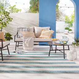 Striped Reversible indoor Outdoor Blue & Yellow Rug - thumbnail 1
