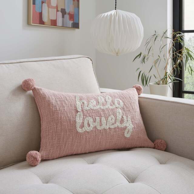 Hello Lovely Embroidered Rectangular Cushion Blush by Dunelm