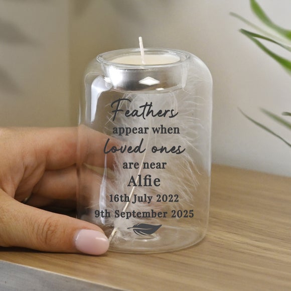 Personalised Loved Ones Feather Memorial Tealight Holder - image 1
