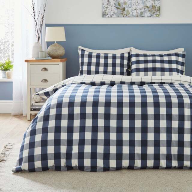 Bennett Checked Navy Brushed Cotton Duvet Cover & Pillowcase Set Navy (Blue)