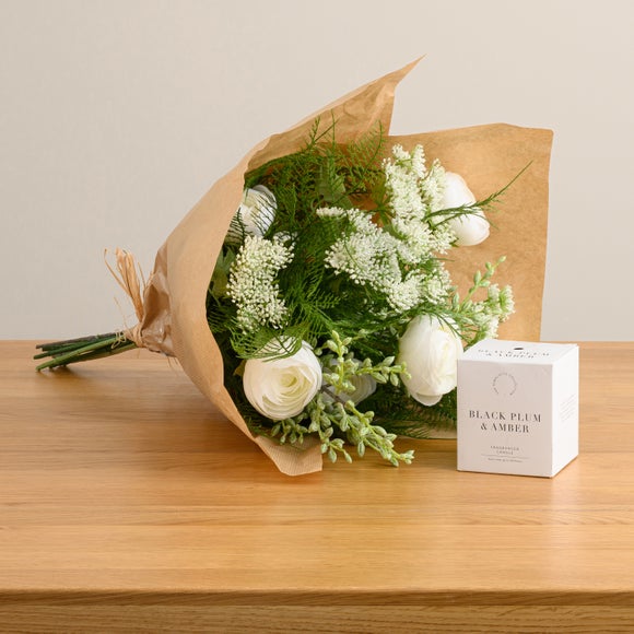 Artificial Floral Foliage Bouquet & Black Plum & Amber Candle Gift Set - image 1