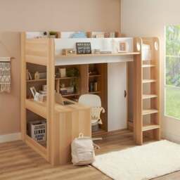 Ava High Sleeper Bed Frame With Desk Wardrobe And Storage Natural