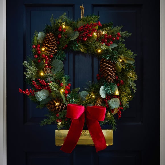55cm Pre-Lit 20 LED Artificial Berry Wreath with Bow - image 1