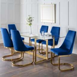 Minori 6 Seater Rectangular Glass Top Dining Table, Gold - thumbnail 1