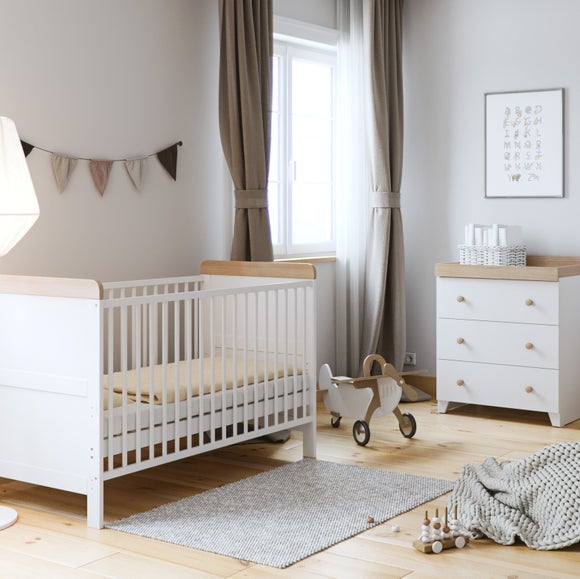 Little Acorns Classic Oak Effect Cot Bed and 3 Drawer Chest Nursery Set - image 1