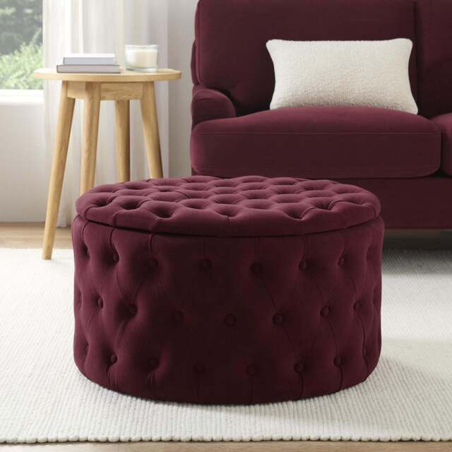 DUSK Paisley Buttoned Round Storage Pouffe - Berry - image 1