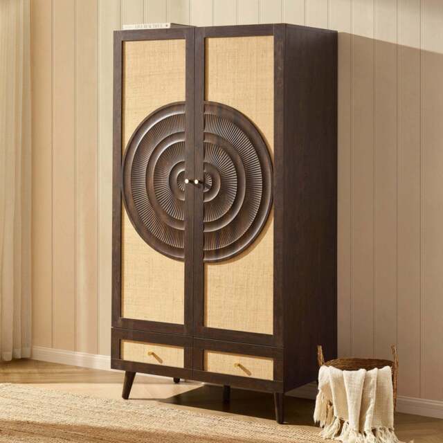 DUSK Raven Rattan 2 Door Wardrobe with Drawers - Walnut - image 1