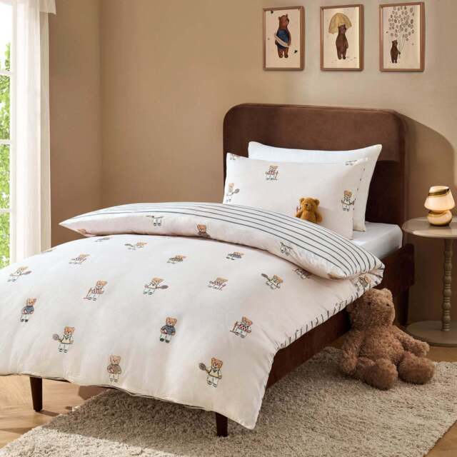 DUSK Teddy Bear 100% Cotton Reversible Duvet Cover & Pillowcase set - Natural - Single - image 1