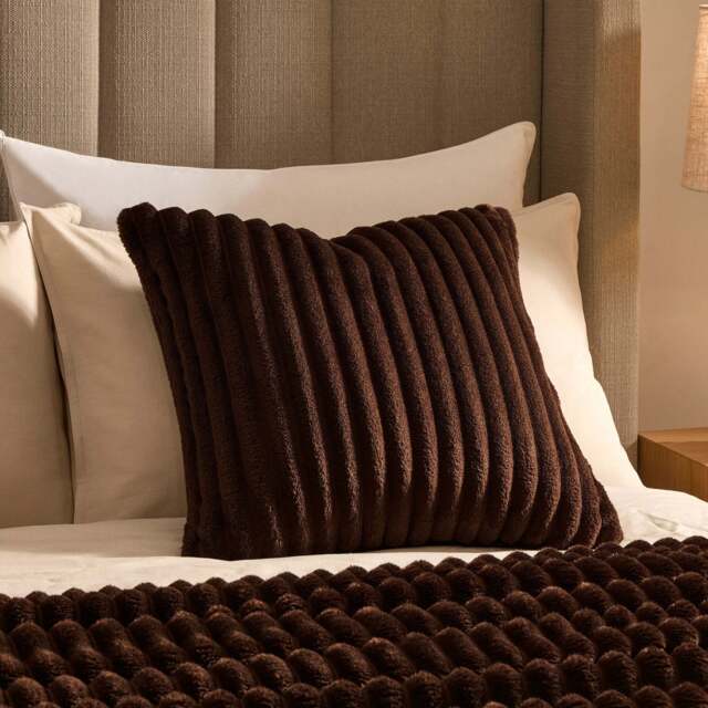 DUSK Ribbed Flannel Faux Fur Cushion Cover - Chocolate - 50 x 50cm - image 1