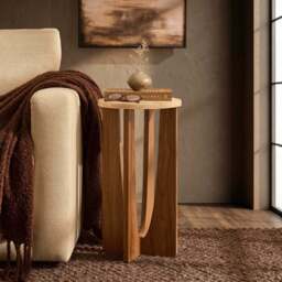 DUSK Lana Round Side Table - Mid Wood/ Travertine Effect