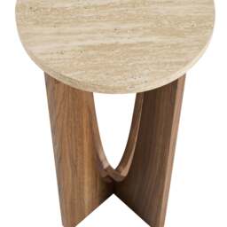 DUSK Lana Round Side Table - Mid Wood/ Travertine Effect - thumbnail 5