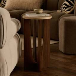 DUSK Lana Round Side Table - Mid Wood/ Travertine Effect - thumbnail 2