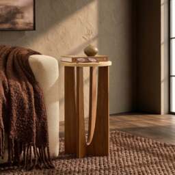 DUSK Lana Round Side Table - Mid Wood/ Travertine Effect - thumbnail 3