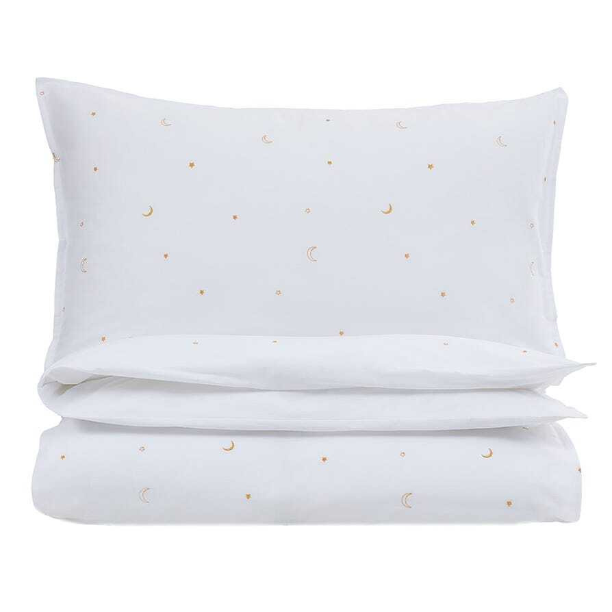 DUSK Kids Moon & Star Embroidery Bed Linen Set - 100% Cotton - Double - Gold/White