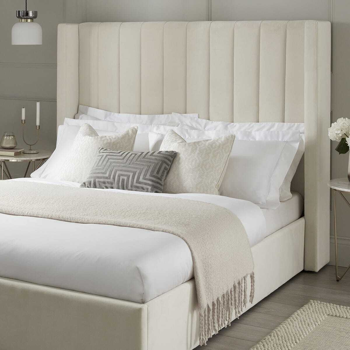 Madison Ottoman Storage Velvet Bed - King Size - Ecru