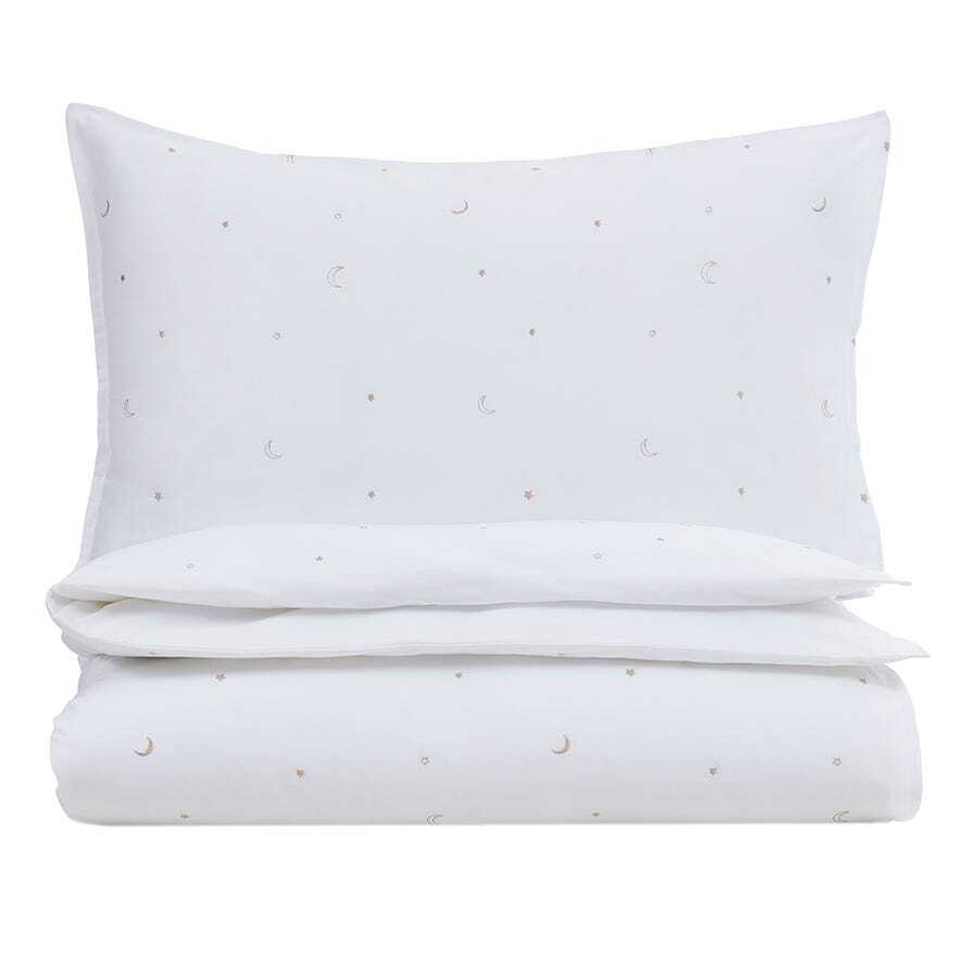 DUSK Kids Moon & Star Embroidery Bed Linen Set - 100% Cotton - Single - Silver/White