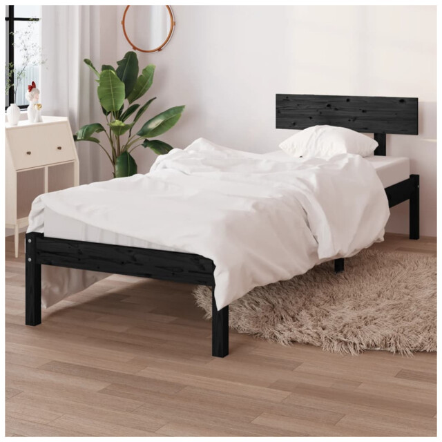 Bed Frame Black Solid Pinewood Single 75x190cm Headboard Rustic