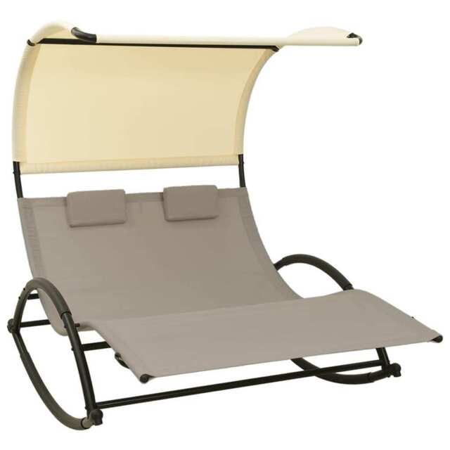 Double Sun Lounger With Canopy Textilene Taupe And Cream Vidaxl