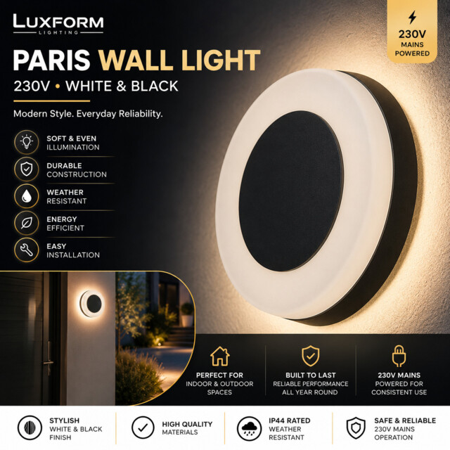 Luxform Lighting 230v Paris Wall Led Light In White & Black Outdoor