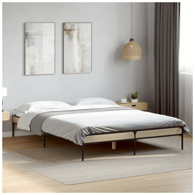 Bed Frame Sonoma Oak 120x200 Cm Engineered Wood Metal Legs Plywood
