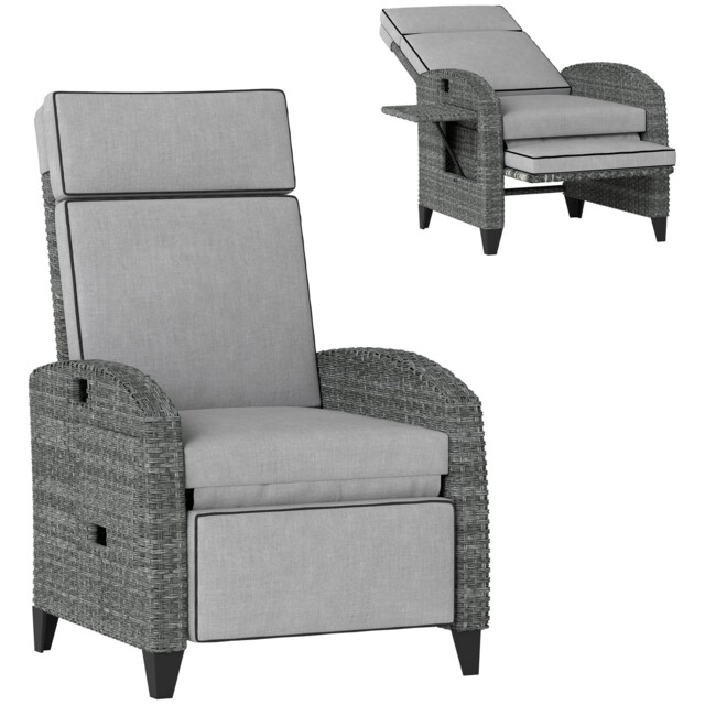 Outdoor Recliner Chair W/ Cushion Rattan Reclining Lounge Chair, Grey