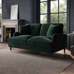 Green Sofa 2 Seater With Ruched Saddle Arms Wood Gold Legs Traditional