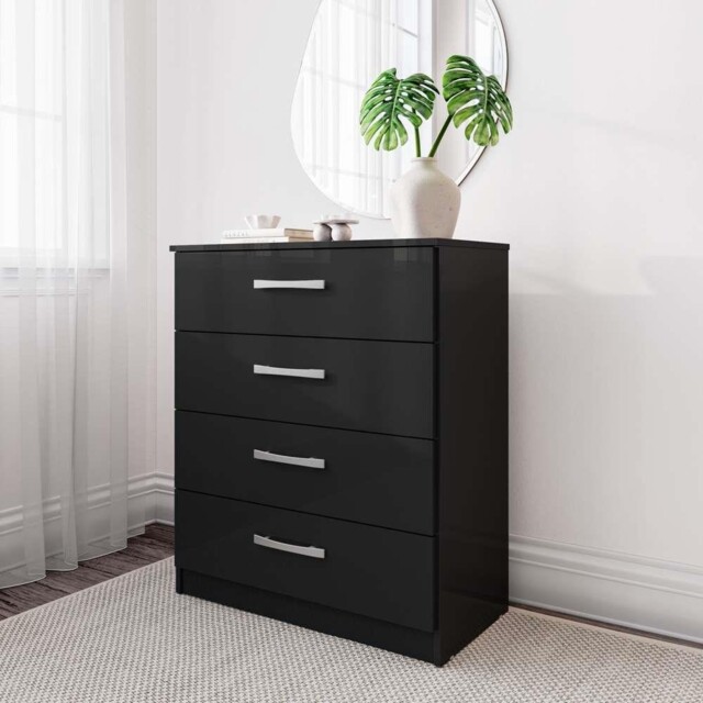 Black Gloss Chest Of Drawers Birlea Lynx High All 4 Drawer Wide