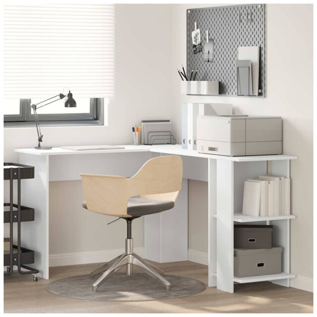 Corner Desk White 140x113.5x75cm Engineered Wood 2 Shelves Modern