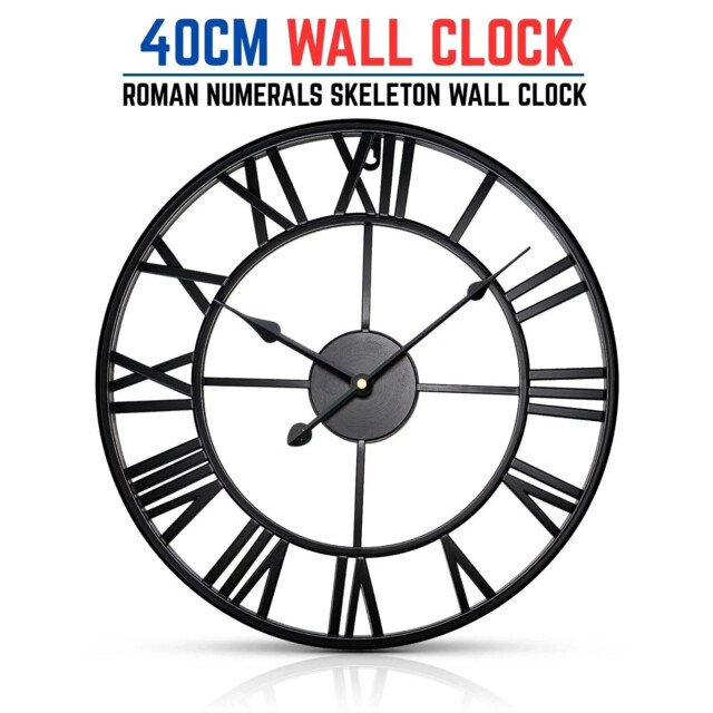 Metal Wall Clock Roman Numeral Large Skeleton Round Open Face Vintage