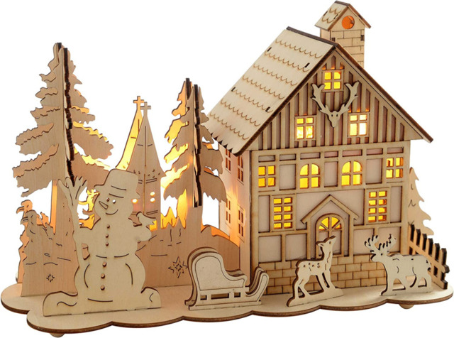 Werchristmas Pre-lit Wooden House Snow Reindeer Scene With Tree