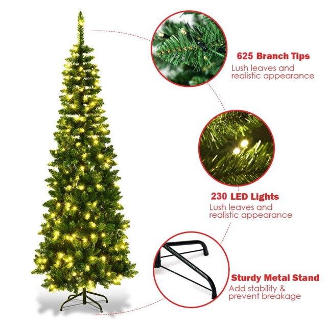 Christmas Tree Pre Lit Slim Pencil Green Artificial Bushy Pine Xmas