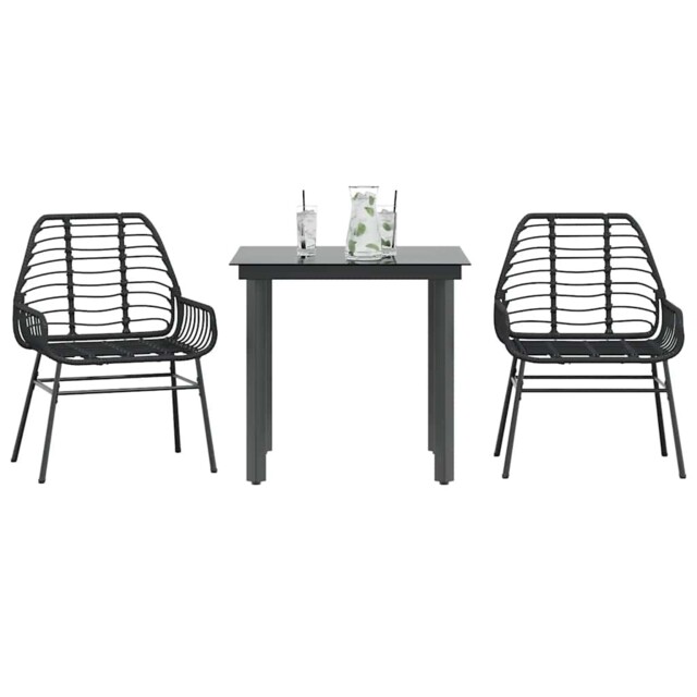 3 Piece Garden Dining Set Black Poly Rattan Glass Vidaxl