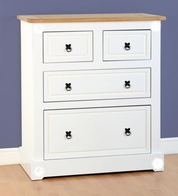 Corona 2+2 Drawer Chest In White/distressed Waxed Pine Composite Board