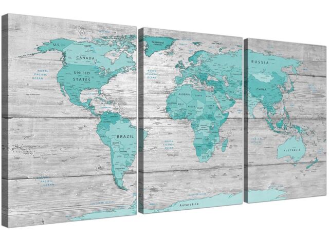 Large Teal Grey Map Of World Atlas Canvas Wall Art Print 3 Set 125cm