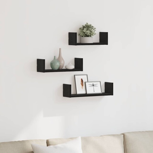 Wall Shelves 3 Pcs Black Oak Engineered Wood Vidaxl