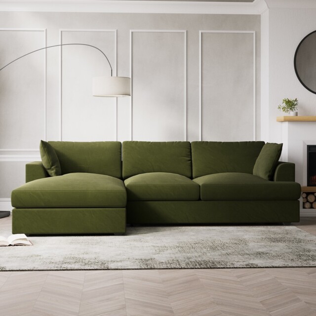 Green Velvet L Shaped Sofa 3 Seater Left Hand Facing Saddle Arms