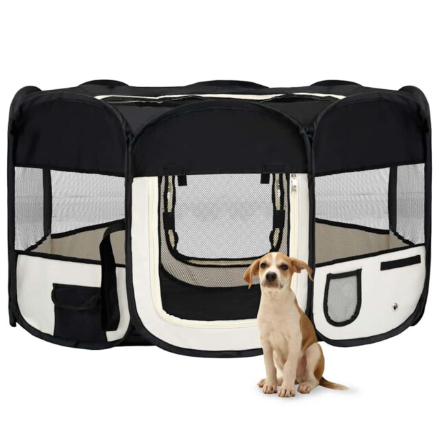 Dog Playpen Black 145x145x61cm Foldable Polyester Steel Portable With