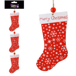 Set Of 3 Wooden Christmas Tree Decorations - Red & White Stockings