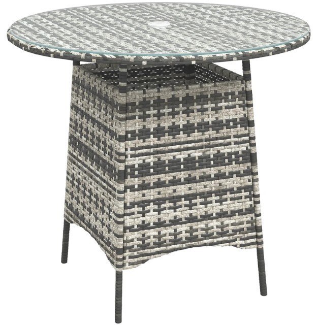 Patio Furniture Rattan Garden Table With Umbrella Hole Glass Top Grey