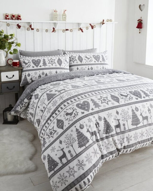 Grey Christmas Noel Festive Fairisle Snowflake Trees Deer Xmas Duvet