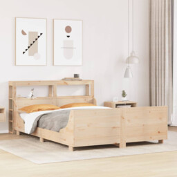 Bed Frame 200x200 Cm Solid Pinewood Natural Slatted Base Shelf Storage