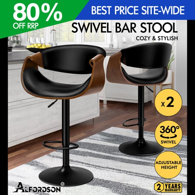 Alfordson 2x Bar Stool Pu Leather Wooden Armrest Swivel Breakfast