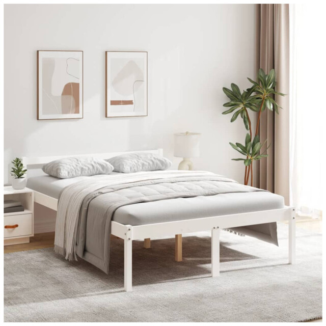 Bed Frame 135x190cm White Solid Pine Double Platform Slatted Headboard