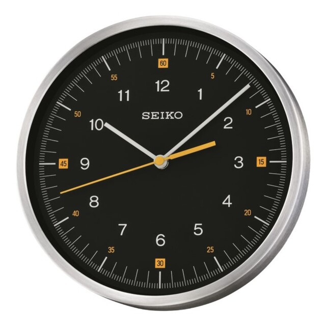 Seiko Modern Wall Clock - Aluminium Case & Black Dial - 25cm Diameter