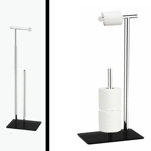 Toilet Roll Holder Free-standing Black Stainless Glass Base Extra