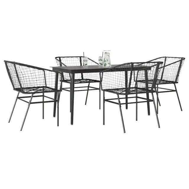 5 Piece Garden Dining Set Black Poly Rattan Glass Vidaxl