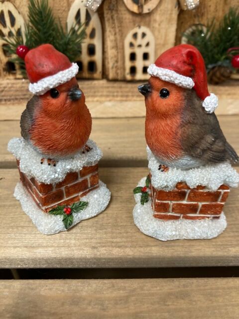Robin On Chimney Ornaments Resin Vivid Arts Height 8cm 2 Matching