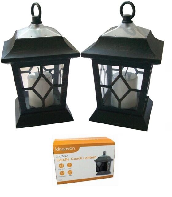 2 X Coach Lantern Solar Led Flickering Candle Garden Copper Hanging