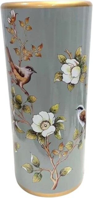 Grey Ceramic Umbrella Stand Classic Floral Birds Glazed Tall Floor